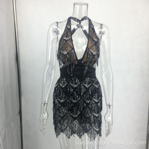 Sleeveless Deep V-neck Halter Style Women Sexy Dress